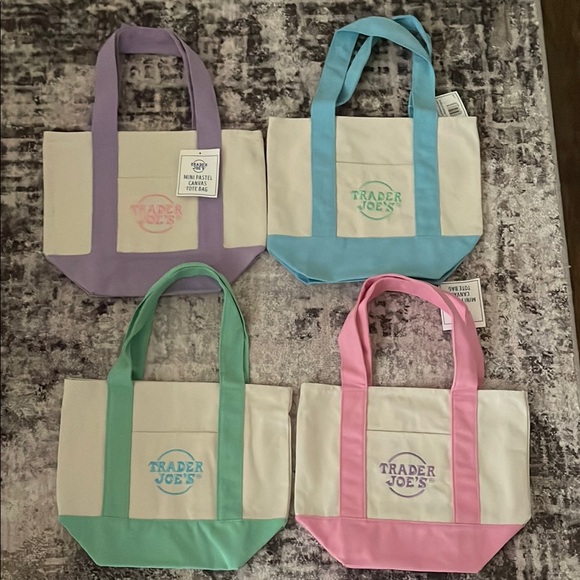 Trader Joe’s Canvas Tote Bag Set - Purple, Blue, Green, Pink - Picture 1 of 1
